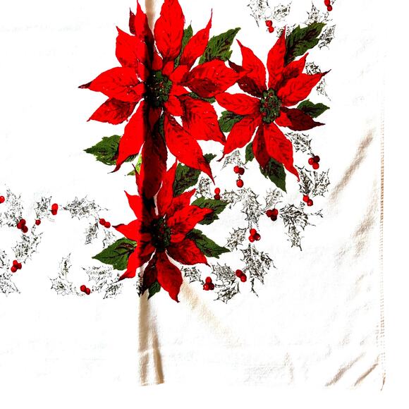 Vintage Christmas holiday tablecloth square printed cotton AS FOUND with stains - Picture 4 of 12